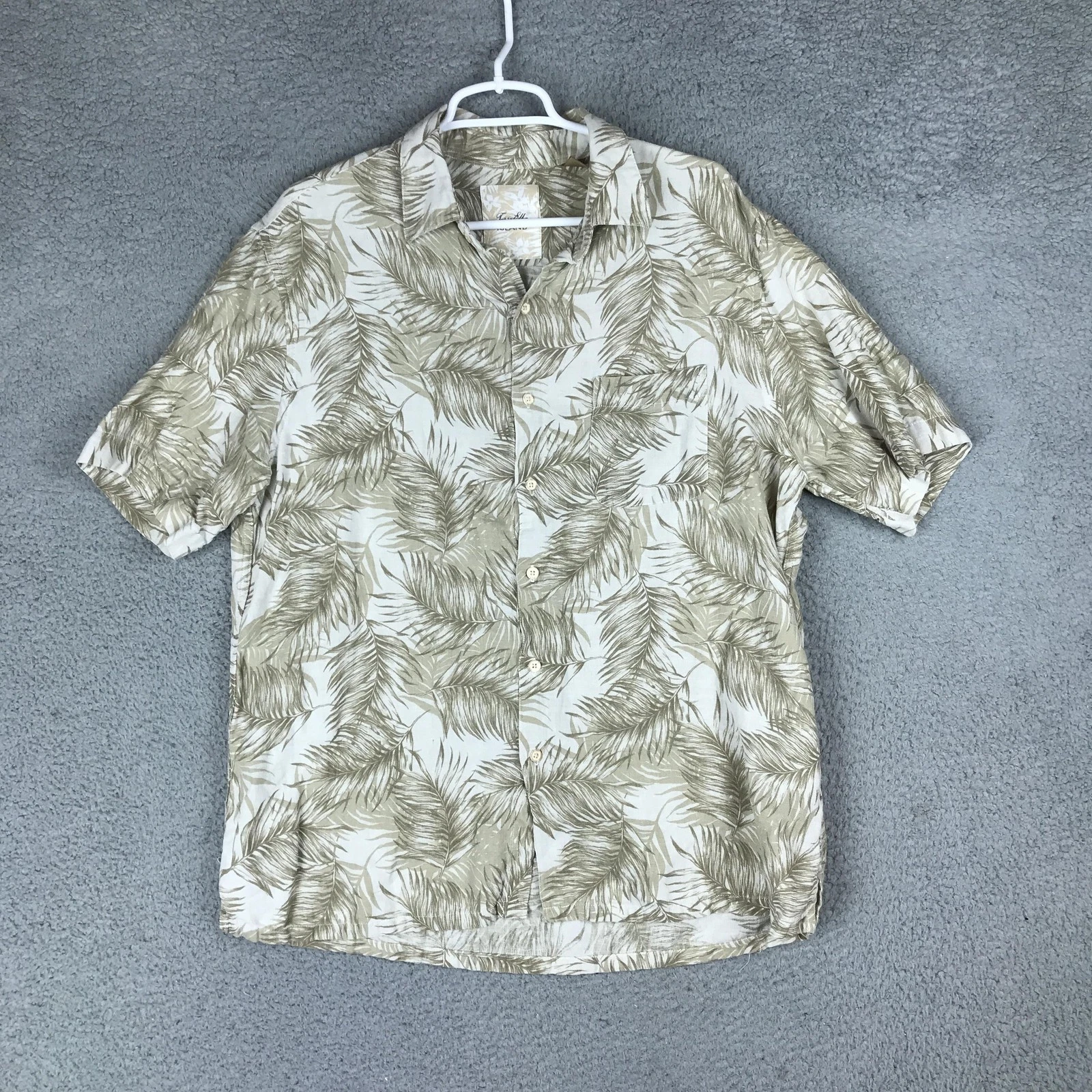 Tasso Elba Island Shirt Mens Large Beige Brown Leaf Print Silk Linen Button Up