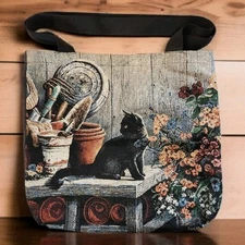 Gardening Cat/Kitty Tapestry Tote Bag Beach Shopping Shoulder Bag 15"Tx17"W EC 