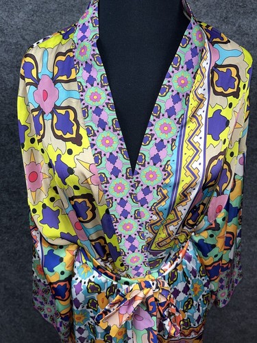 Zara Satin Kimono Robe Womens M Floral Duster Geometric Maxi Boho Lounge - Picture 5 of 15