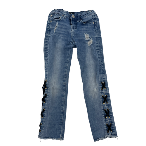 Husdon Lace Up Jeans Blue Medium Wash Distressed Ripped Holes Raw Hem Girls 7  - Picture 1 of 11