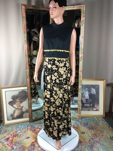 Vintage Black Flocked Metallic Floral Thread Maxi Dress High Neck Sz 12 Project