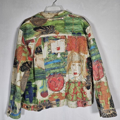 Chicos VTG 2 Colorful Artsy Trucker Art to Wear Linen Cotton Long Sleeve Pockets - Picture 7 of 15