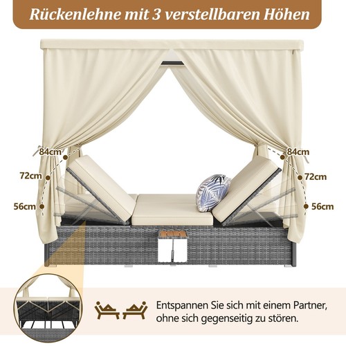 Sonnenliege 2 Personen mit Dach & Klapptisch Gartenliege Doppelliege Verstellbar - Bild 6 von 16