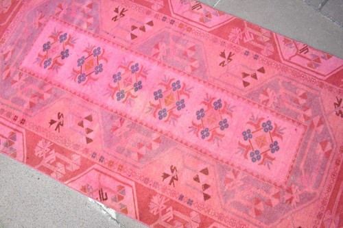 Turkish Rug 38'' x 73'' Vintage Anatolian Over Dyed Rug Painted Wool Area Rug - Picture 8 of 14