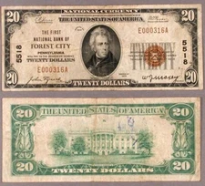 Forest City PA $20 1929 T-1 National Bank Note Ch #5518 First NB Very Fine