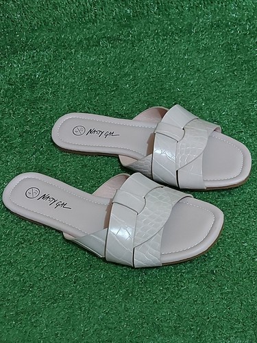 Damen-Pantolette/Sandale eckige Zehenpartie beige gewebt Größe 4 Nasty Gal brandneu - Bild 1 von 6