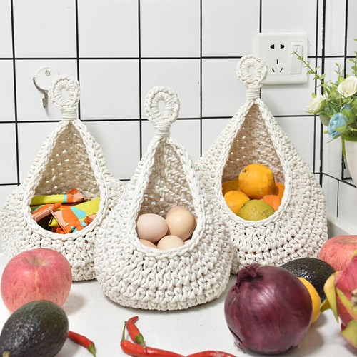 Handwoven Rope Basket Kitchen Vegetable Fruit Wall Hanging Basket Storage Pouch - Picture 3 of 13