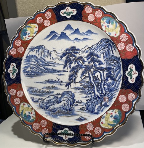 Japanese Vintage Blue Ceramic 16” Painted Platter, Amari, Scalloped Edge, Beauty - Picture 2 of 8