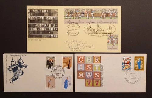 Australia Stamps 1977 Cricket MCG cancel Arts Christmas 3 x First Day Covers (w)