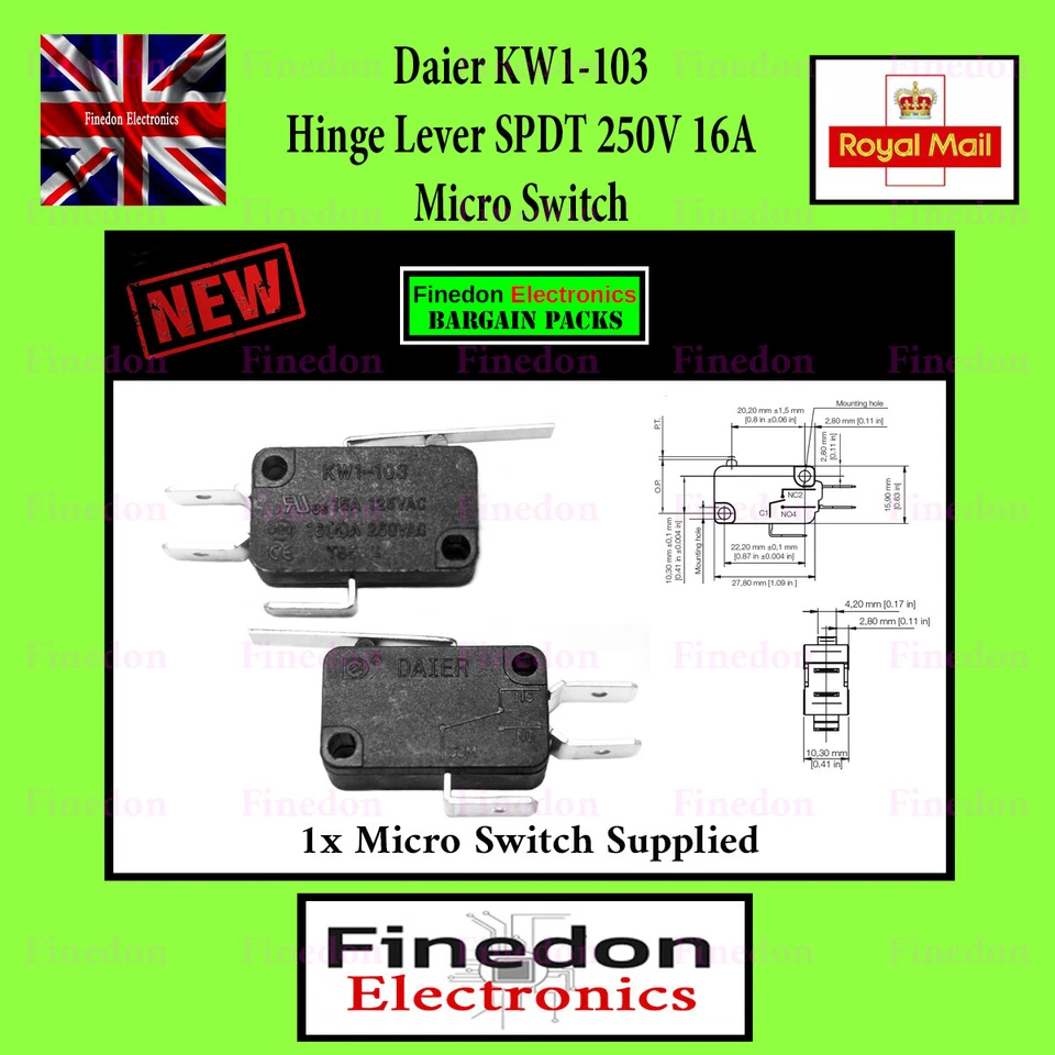 KW1-103 Micro Switch Daier 250V 16A SPDT Straight Hinge Lever