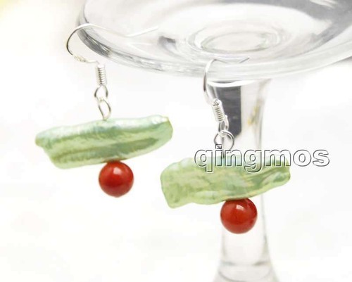 20-25mm Green Natural Biwa Pearl Dangle Earring for Women & 6mm Round Blue Jade - Picture 18 of 20
