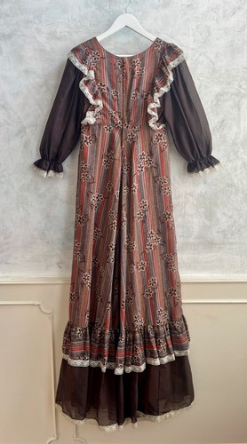 Vintage 1970's PAT FARRELL Brown Lace Folk Prairie Boho Statement Maxi Dress 10 - Picture 8 of 11