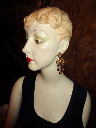 Replica Italy Crystal Chandelier Clip Earrings Citrine Color Rhinestone Superb! - Picture 2 of 20