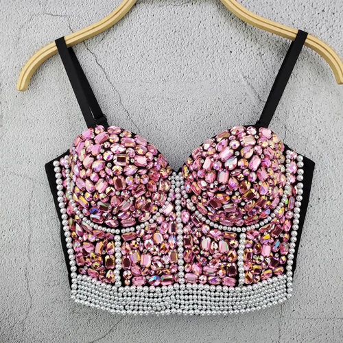 Pearl Corset Bustier Bra Crop Top Colorful Rhinestone Push Up Bralette Tank Top! - Picture 6 of 20