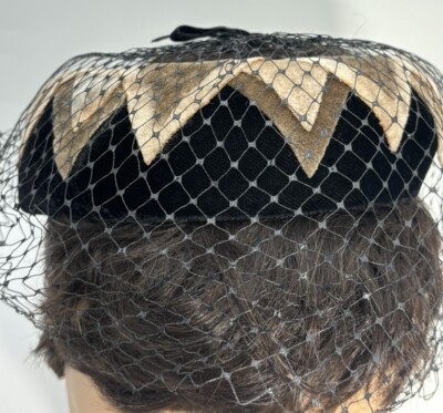 Vintage Black Tan Fascinator Hat birdcage dot netting veil Open Top