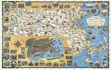 Historic Massachusetts Travel Map -the Bay State- Pictorial Wall Poster Vintage