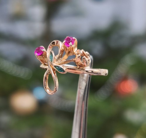 NOS ! Ring Gold 14k USSR Vintage Original Emerald ,Ruby Flowers Amazing !!! - 第 5/9 張圖片