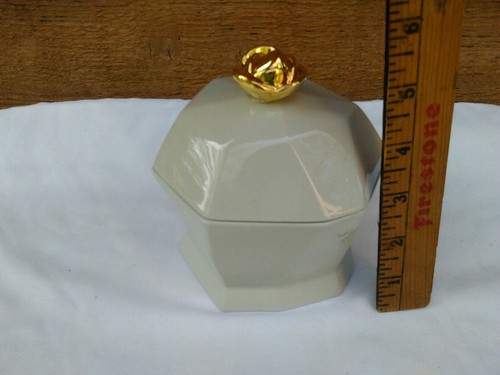 VINTAGE "PUNZE" SIGNIERT ÜBERDACHTER BEHÄLTER GOLD ROSE GRAU KOMMODE GLAS SCHMUCK - Bild 2 von 6