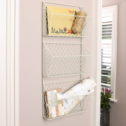 Simple Wire Magazine Newspaper Basket Wall Mounted Post Storage Rack Holder - Picture 6 of 8