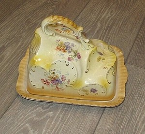 Antique-China-Lidded-Cheese-Wedge-Dish-Yellow-with-multi-colored-floral-pattern