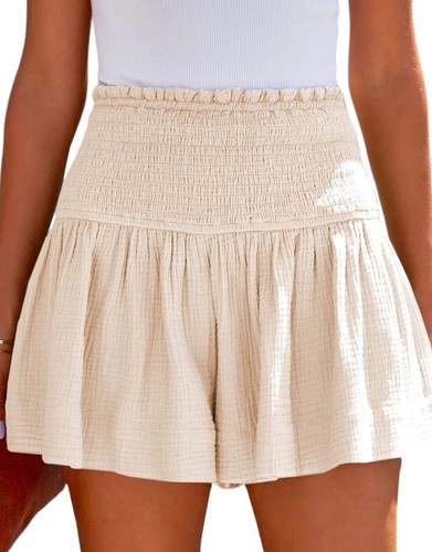 Womens Shorts Cotton High Elastic Waisted Pleated Ruffle Cute Shorts Beach Flowy - Picture 7 of 10