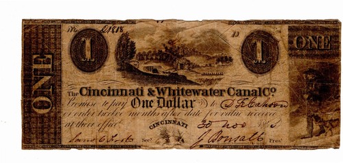 1845 CINCINNATI WHITEWATER CANAL OHIO OBSOLETE CURRENCY $1 DOLLAR BANKNOTE ~B3 - Picture 1 of 2