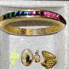 Vintage religious items and vintage multicolor multi-rhinestone gold clamp brace