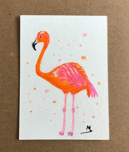 Flamingo Original Painting, Water bird, ACEO Art, Set of 2,Direct from US Artist - Zdjęcie 1 z 3