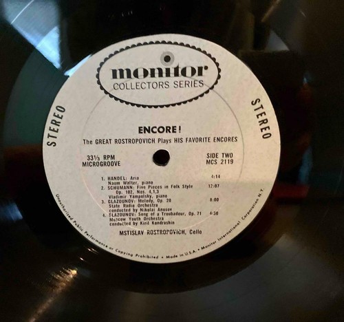 ROSTROPOVICH PLAYS HIS FAVORITE ENCORE PIECES ORIG MONITOR LP NM IN SHRINK - Picture 6 of 6