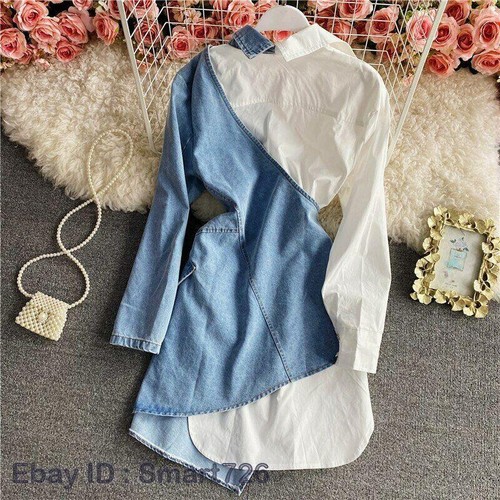 Womens Irregular Denim Casual Stitching Long-Sleeved Shirt Dress Fashion Blouse - Picture 16 of 23