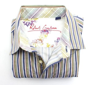 Robert-Graham-Flip-Cuff-Mens-Medium-Green-Blue-Striped-Button-Up-Shirt-Plaid