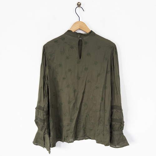 Fabienne Chapot Leo Top Size 12 40 NEW Army Green Boho Floral Embroidered Ruffle - Picture 13 of 19