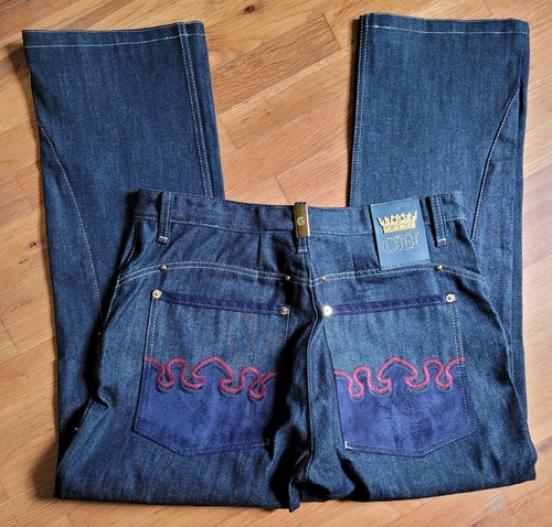 Crown Holder Mens Jeans 38x32 Embroidered Pockets Denim Streetwear 90s HipHop - Picture 1 of 24