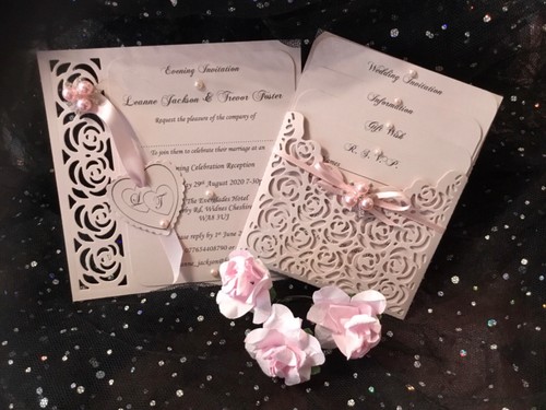 WEDDING INVITATION VINTAGE PINK BLUSH & WHITE LINEN CARD LASER CUT - Picture 2 of 4