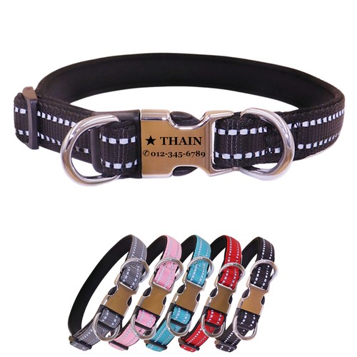 Reflective Personalised Nylon dog collar engraved Buckle Name Number ID Tag - Picture 15 of 24