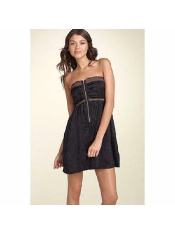 Free People NWT Womens Crinkle Smocked Front Zip Short Dress 6 Black Brown I26 Na stanie w kraju