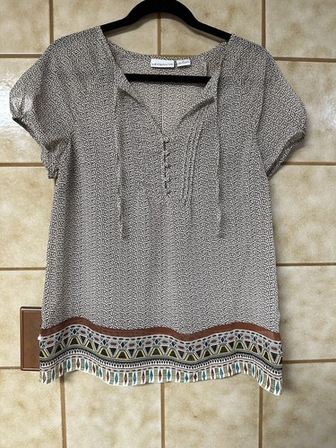 Liz Claiborne Women’s Boho Retro Peasant Artsy Preppy Tribal Blouse, Brown Sz M