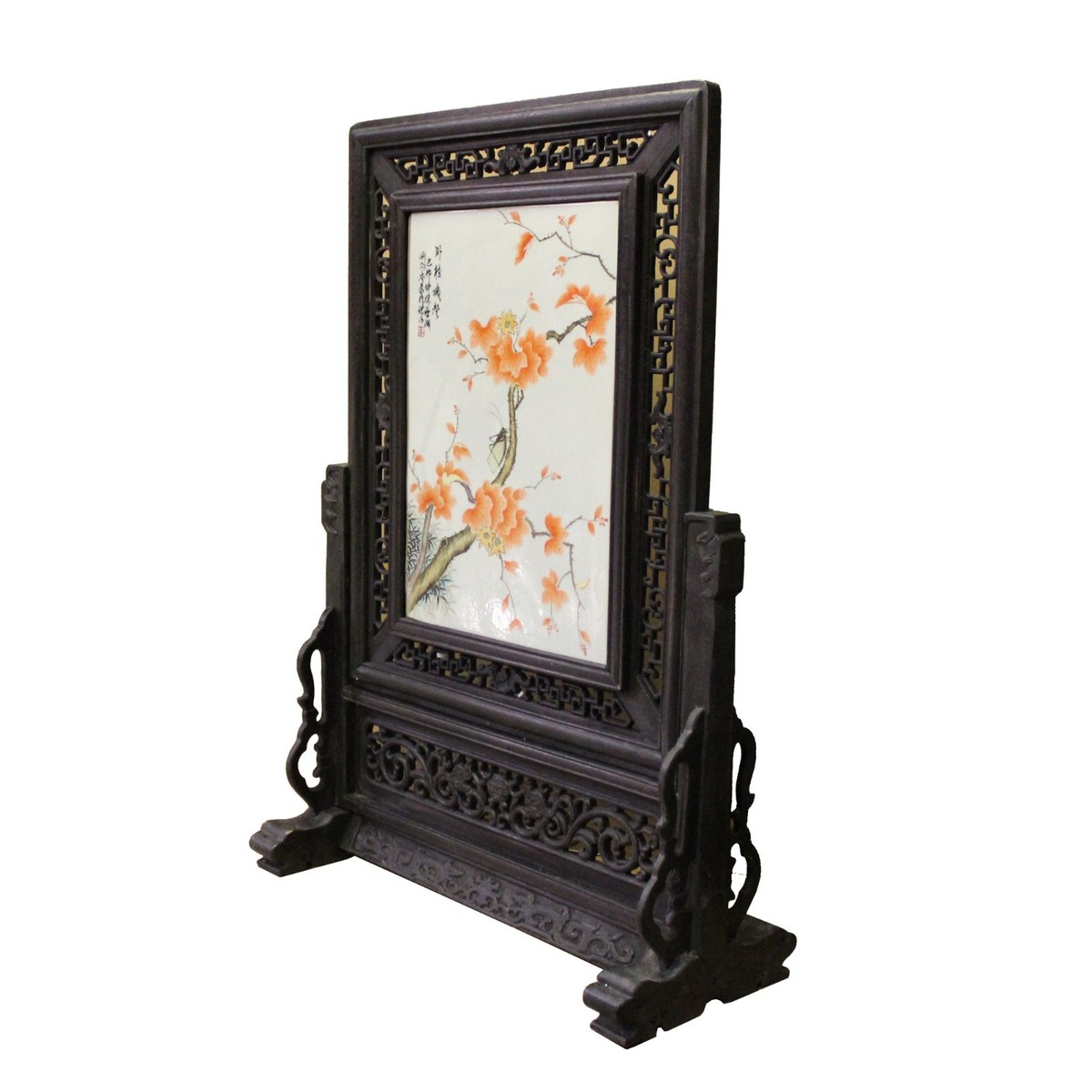 Chinese Wood Frame Porcelain Plaque Table Top Screen Display cs4384S Chinese Wood Frame Porcelain Plaque Table Top Screen Display cs4384S