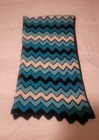 Vtg Crocheted Chevron Blanket Throw Afghan 45”x 65” Light & Dark Blue White