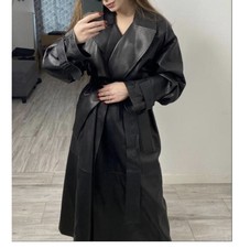 Women Massimo Dutti Leather Jacket Trench Coat L Size Black