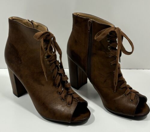 Cato Women's Ankle Boots Size 10 Brown Open Toe Lace Up Tie Heels