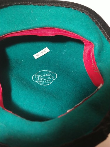 Cappello Miss Bierner 100% lana grande verde nero bordo velluto teatro Michael Howard - Foto 4 di 5