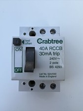 CRABTREE 40 AMP 30mA DOUBLE POLE RCCB RCD 524/030