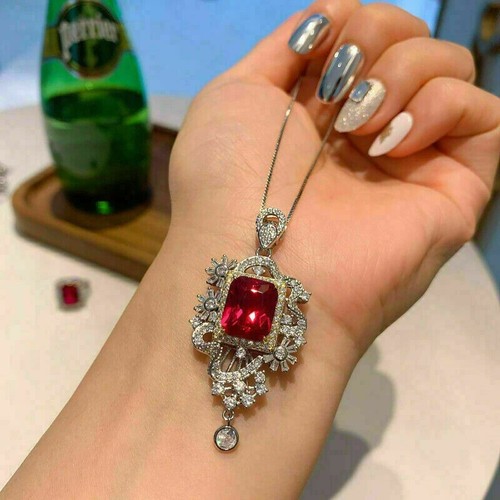 3.50Ct Emerald Cut Red Ruby Halo Pendant 14K White Gold Finish 18'' Free Chain - Picture 2 of 4