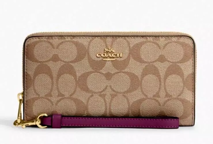 New Coach C4452 Long Zip Around Wallet Signature Khaki / Deep Berry New Coach C4452 Long Zip Around Wallet Signature Khaki / Deep Berry