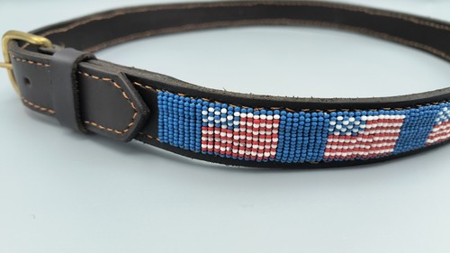American Flag Belt Men's 34 Leather Hand sewn Seed Bead Kenya Collection - New - Picture 1 of 9