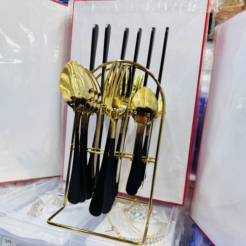 24PC CUTLERY DINNER SET STAINLESS STEEL METAL STAND RACK FORKS TEA SPOONS POLISH - Picture 14 of 17