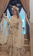 Latest Heavy Chinnon Silk Cream Top Palazzo With Dupatta For Festival Wear