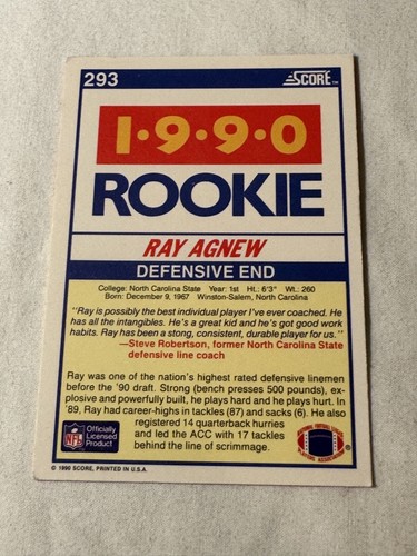 Ray Agnew 1990 Score Rookie Football Card #293  - Picture 7 of 12
