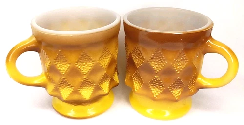 Vintage 1960s Anchor Hocking Fire King Yellow Kimberly Mug Set Of 2 Made In USA